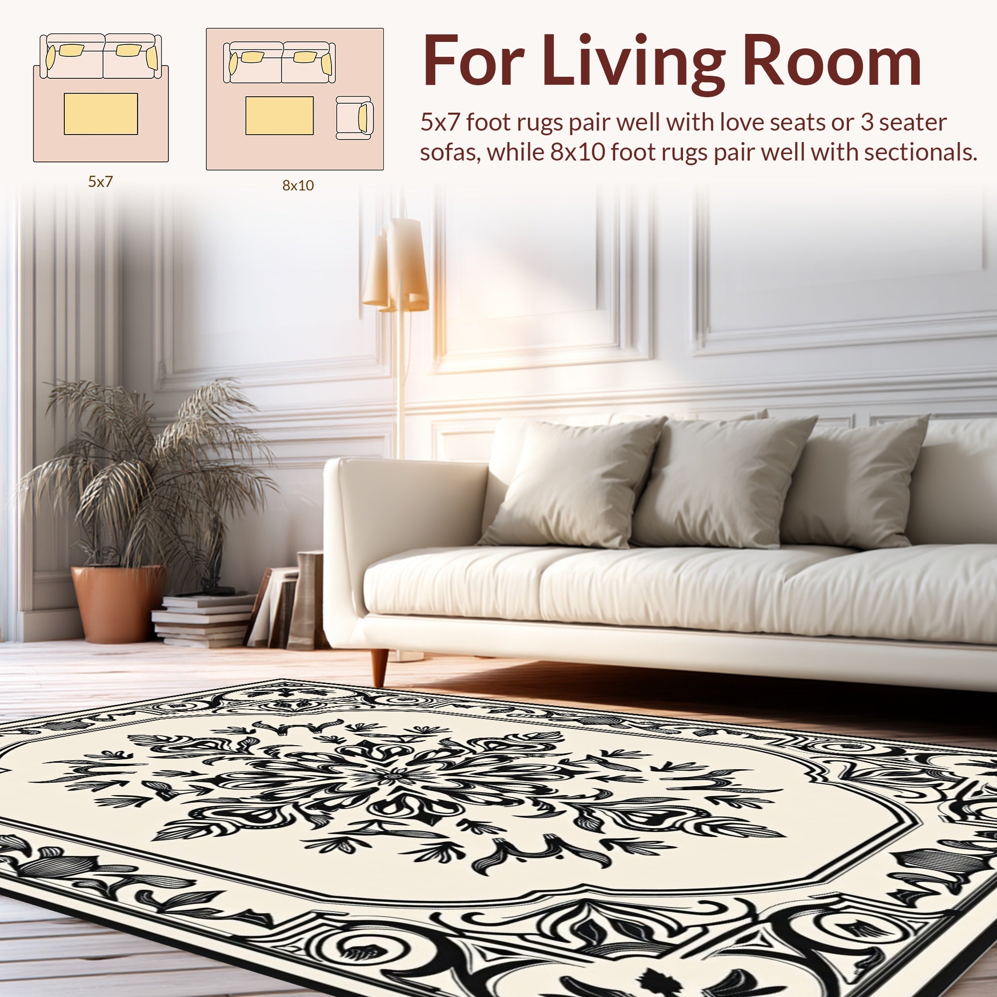 Intricate Black Floral Scroll Medallion Rug