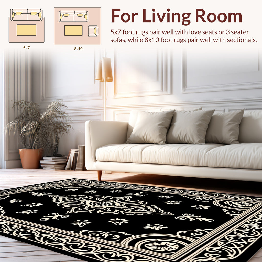 Ornate Floral Black Creme Pattern Rug