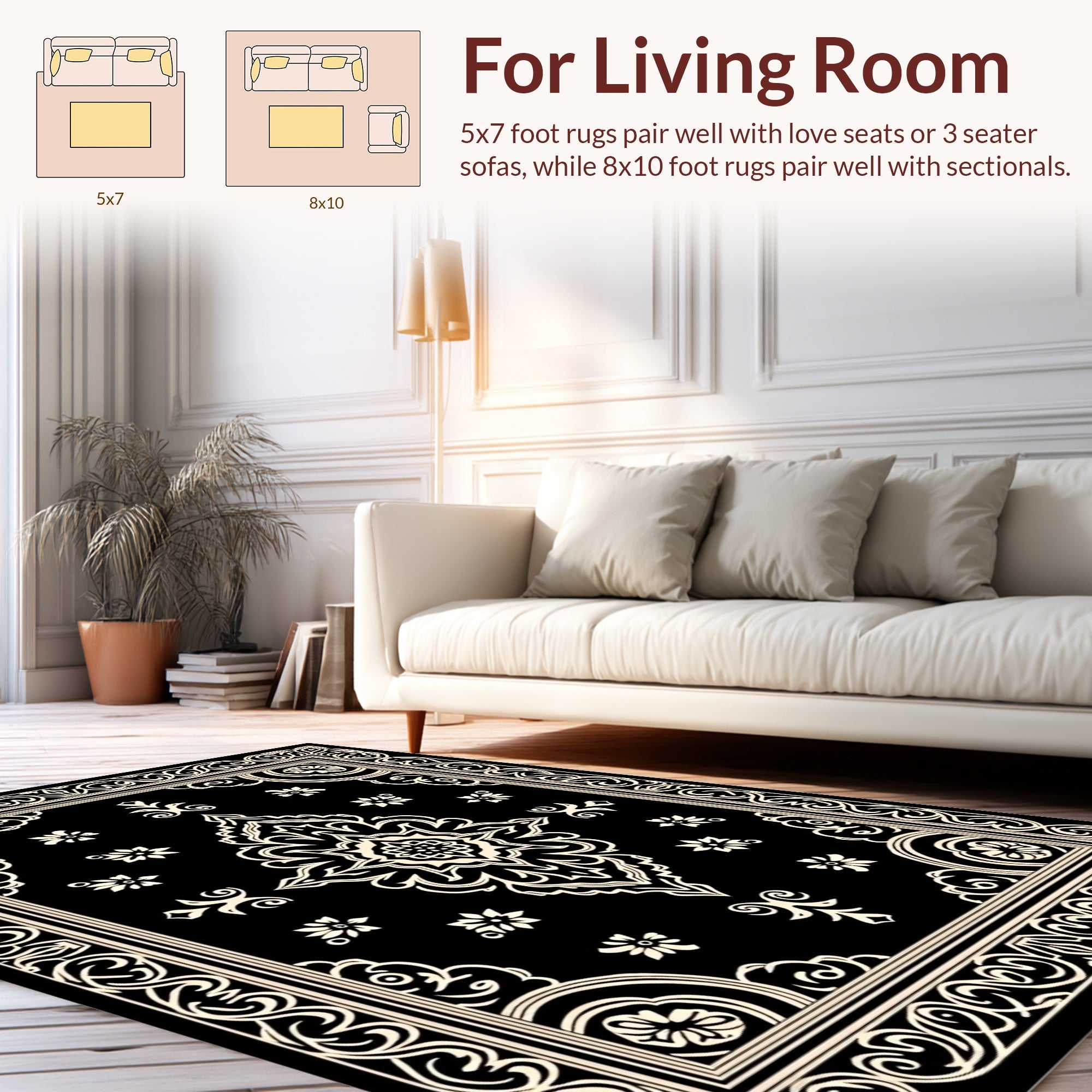 Ornate Floral Black Creme Pattern Rug