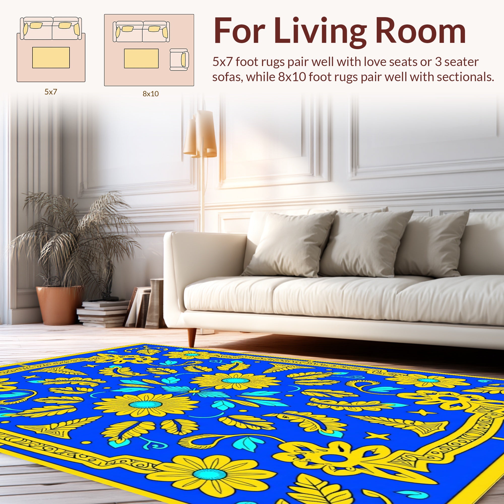 Bold Tropical Floral Blue Yellow Pattern Rug