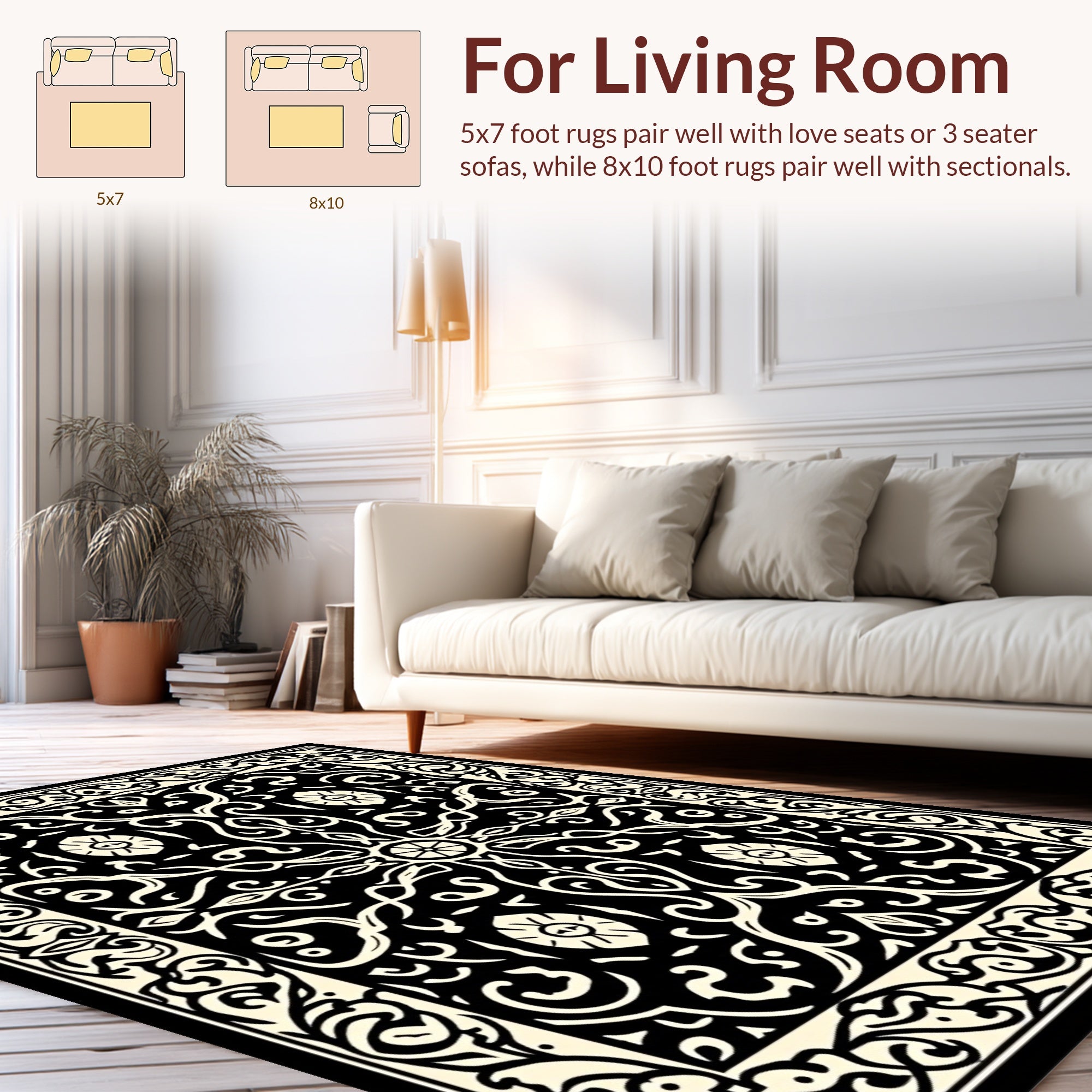 Intricate Black Cream Scrollwork Pattern Rug