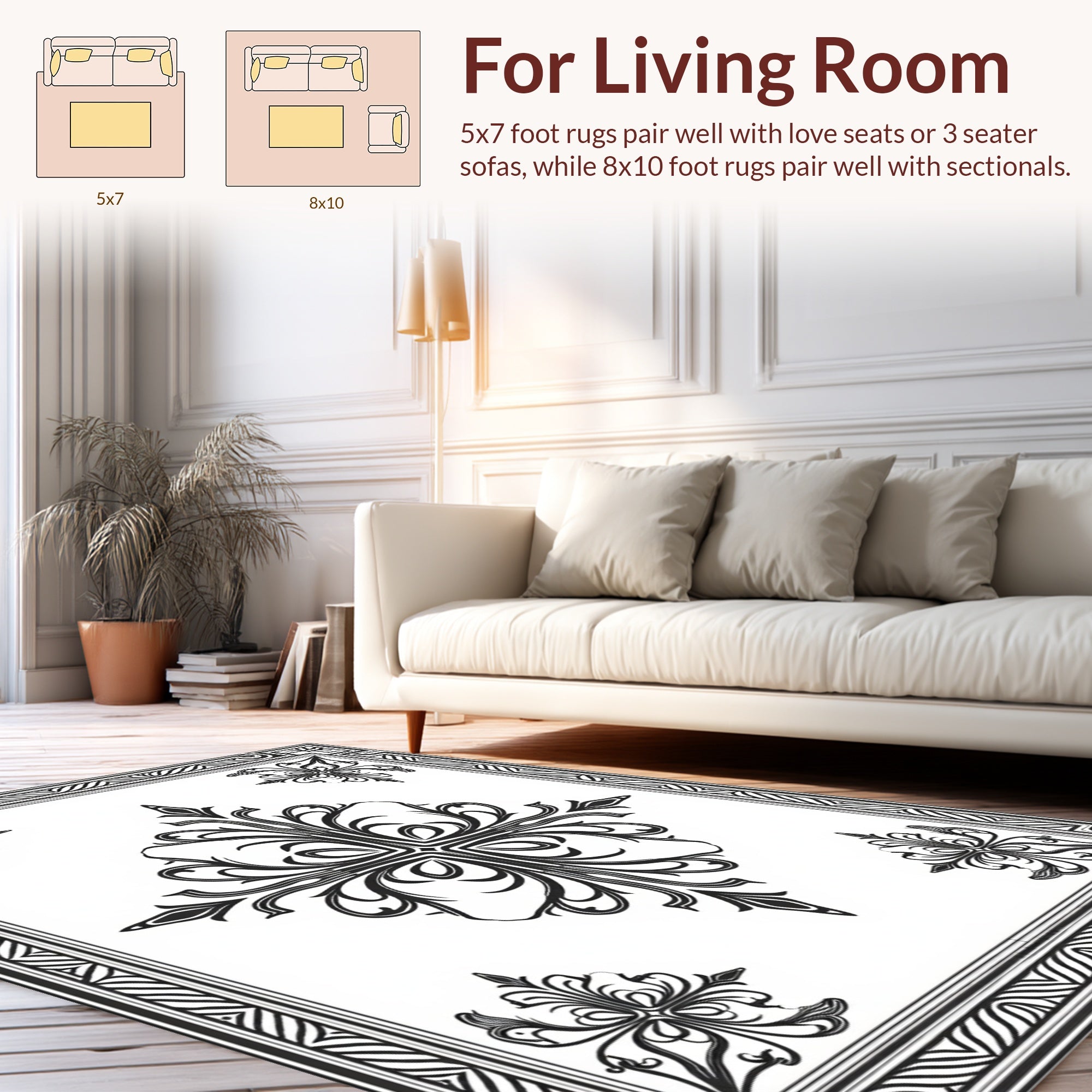 Ornate Black White Floral Patterned Rug