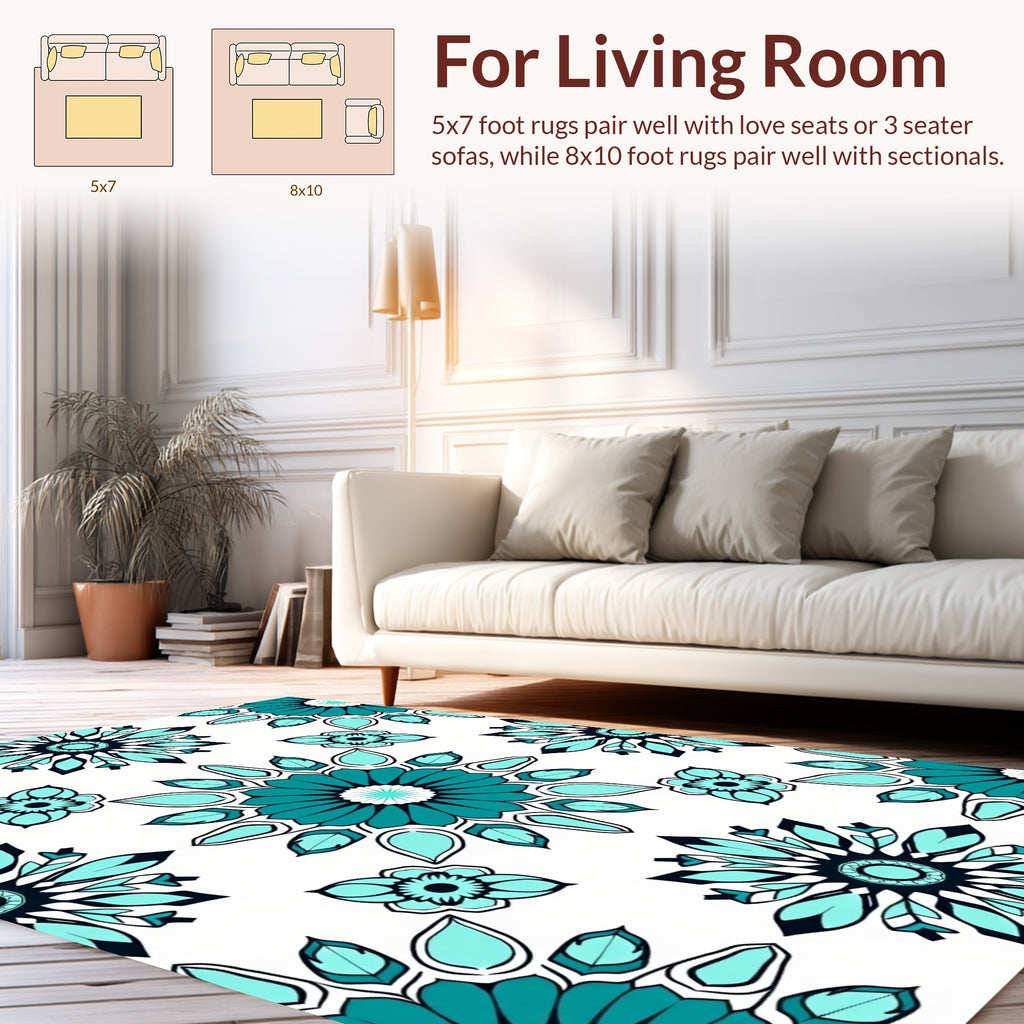 Teal Sunburst Floral Pattern Rug