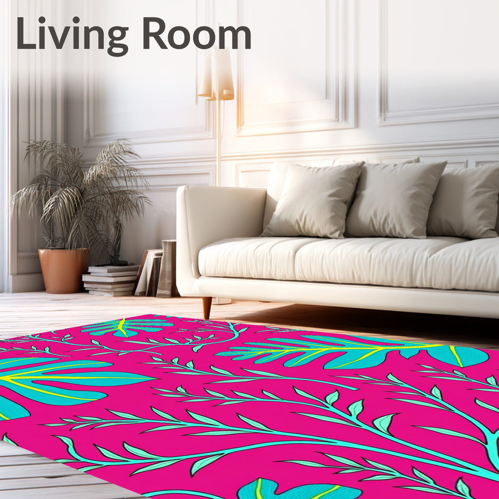 Vibrant Pink Tropical Leaf Swirl Rug