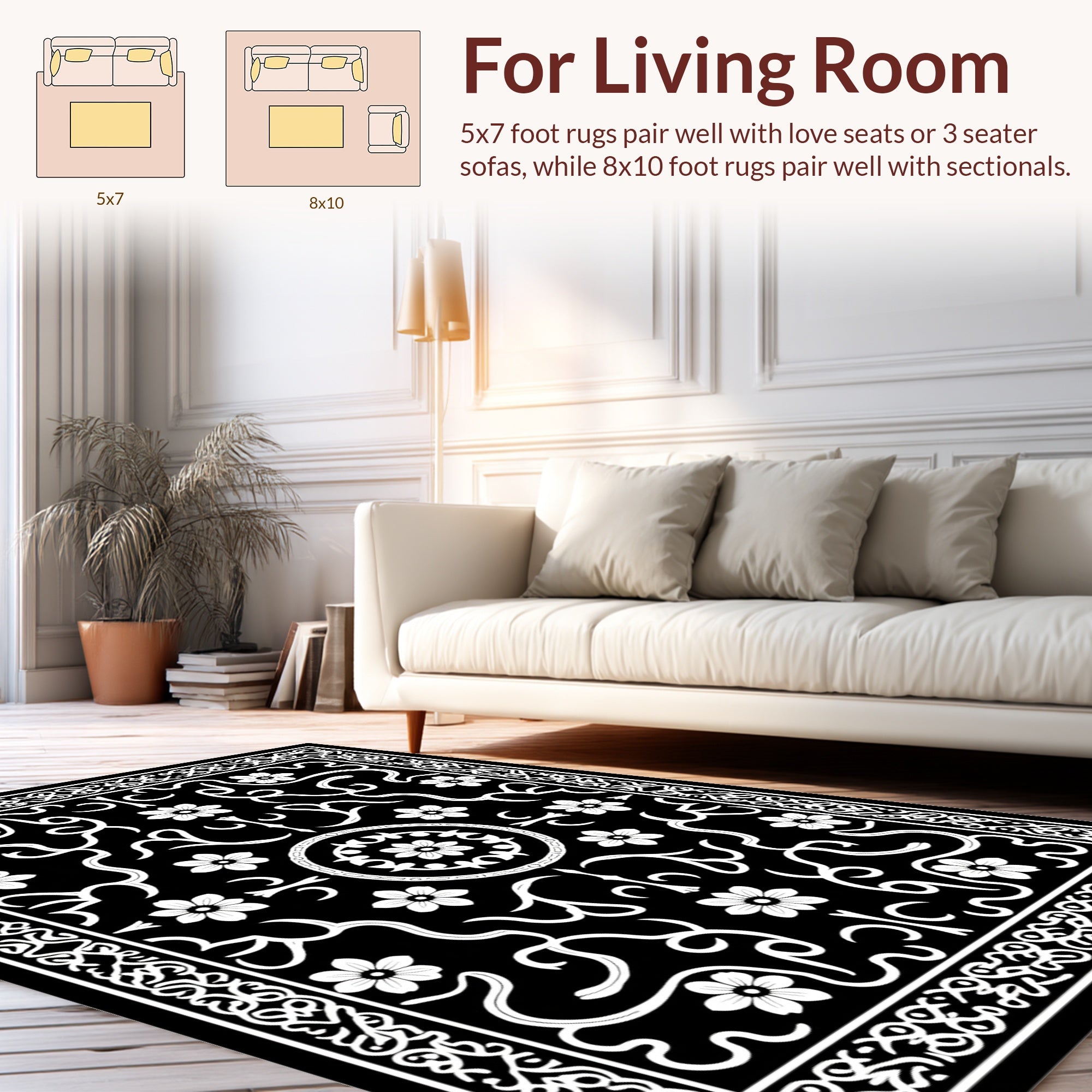 Classic White Floral Scrollwork Pattern Rug