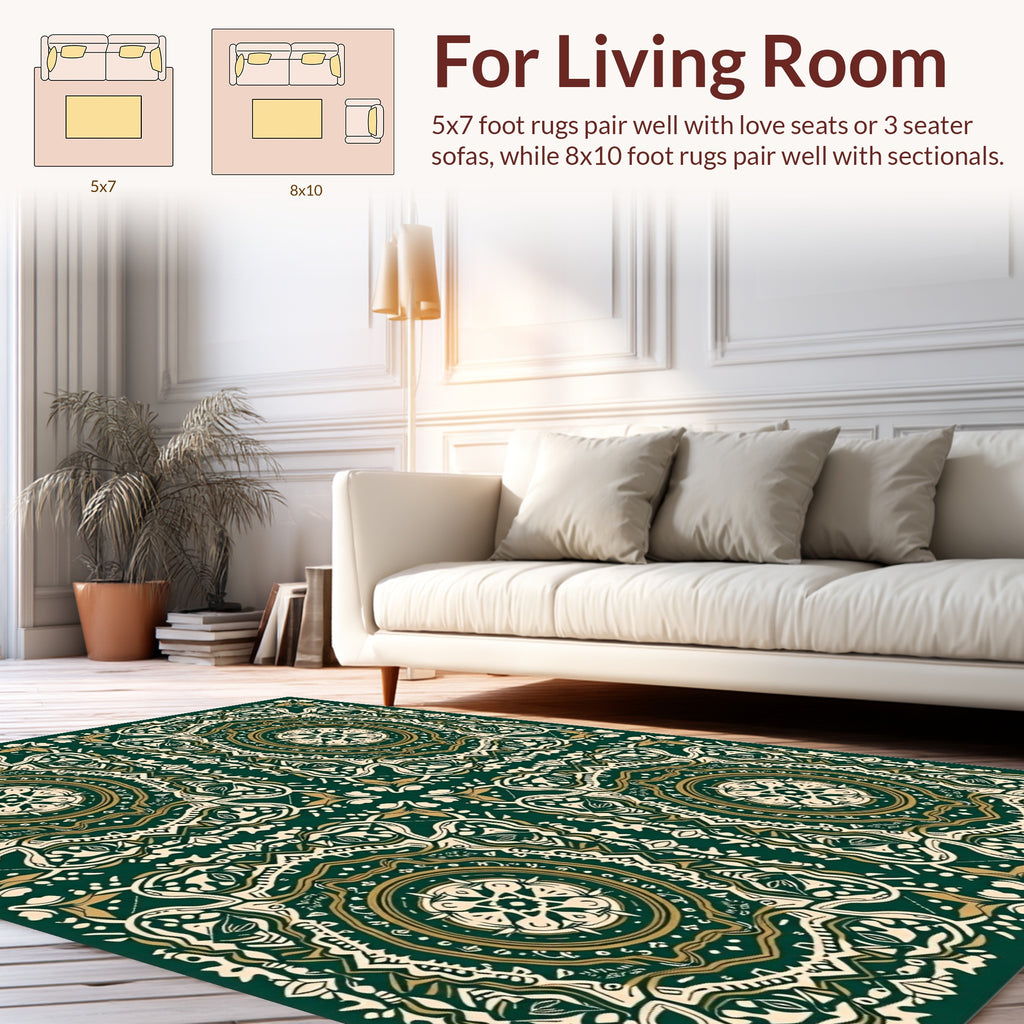 Intricate Medallion Green Gold Pattern Rug