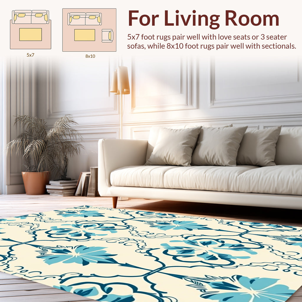Blue Cream Floral Damask Pattern Rug