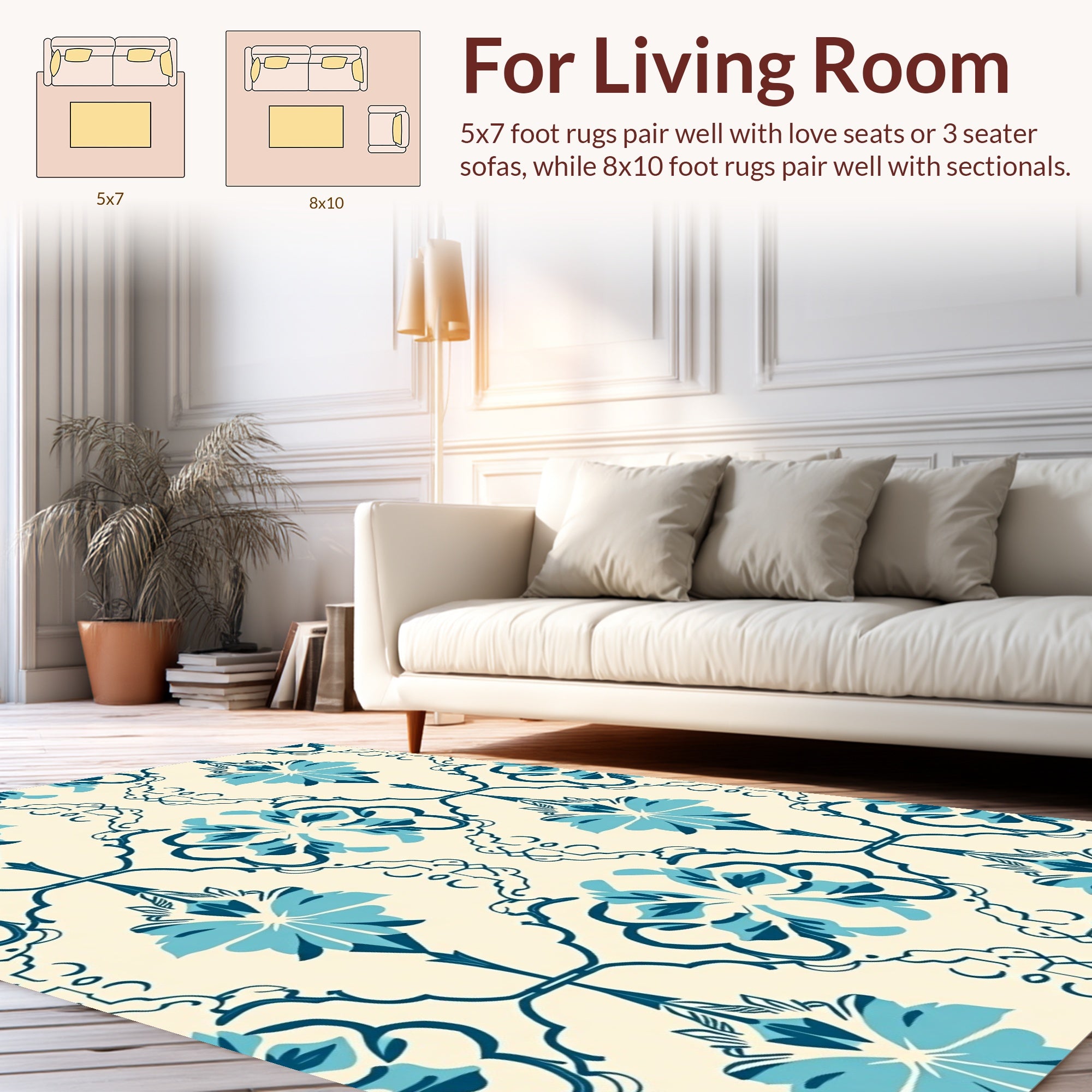 Blue Cream Floral Damask Pattern Rug