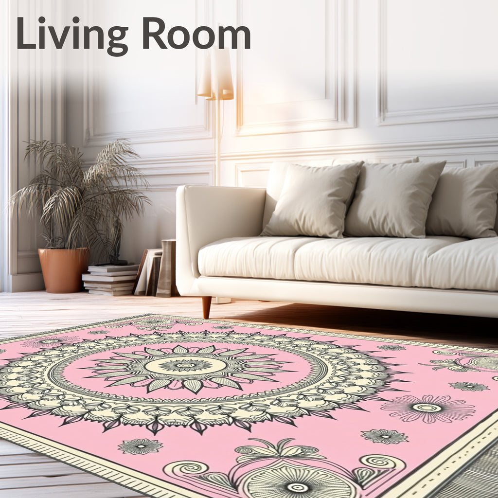 Pink Floral Medallion Mandala Square Rug