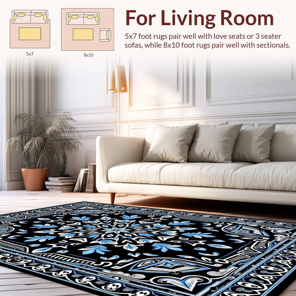Black Blue Ornamental Floral Medallion Design Rug