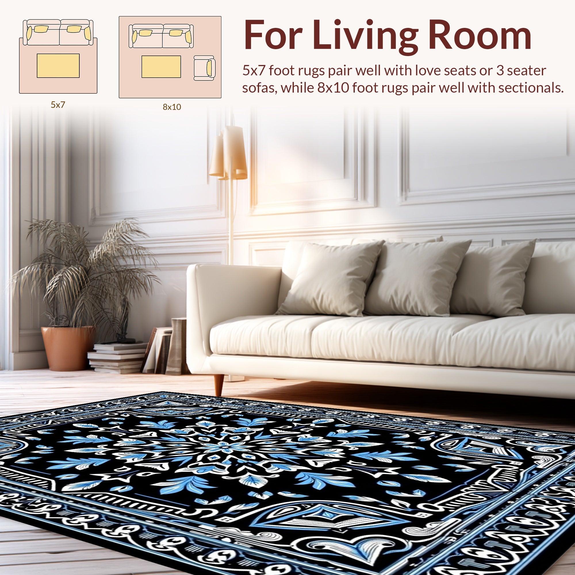 Black Blue Ornamental Floral Medallion Design Rug