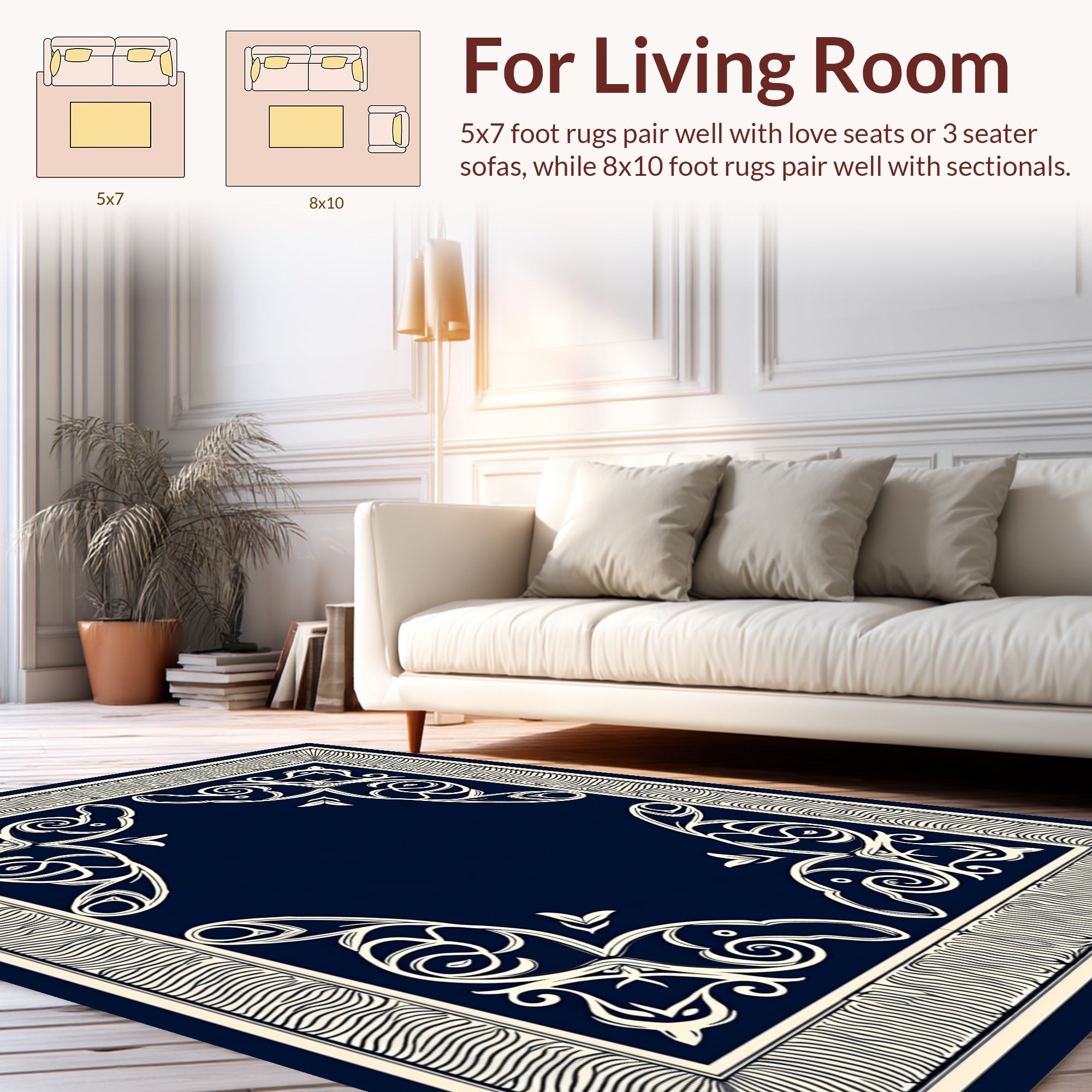 Navy Ivory Ornate Scroll Frame Rug
