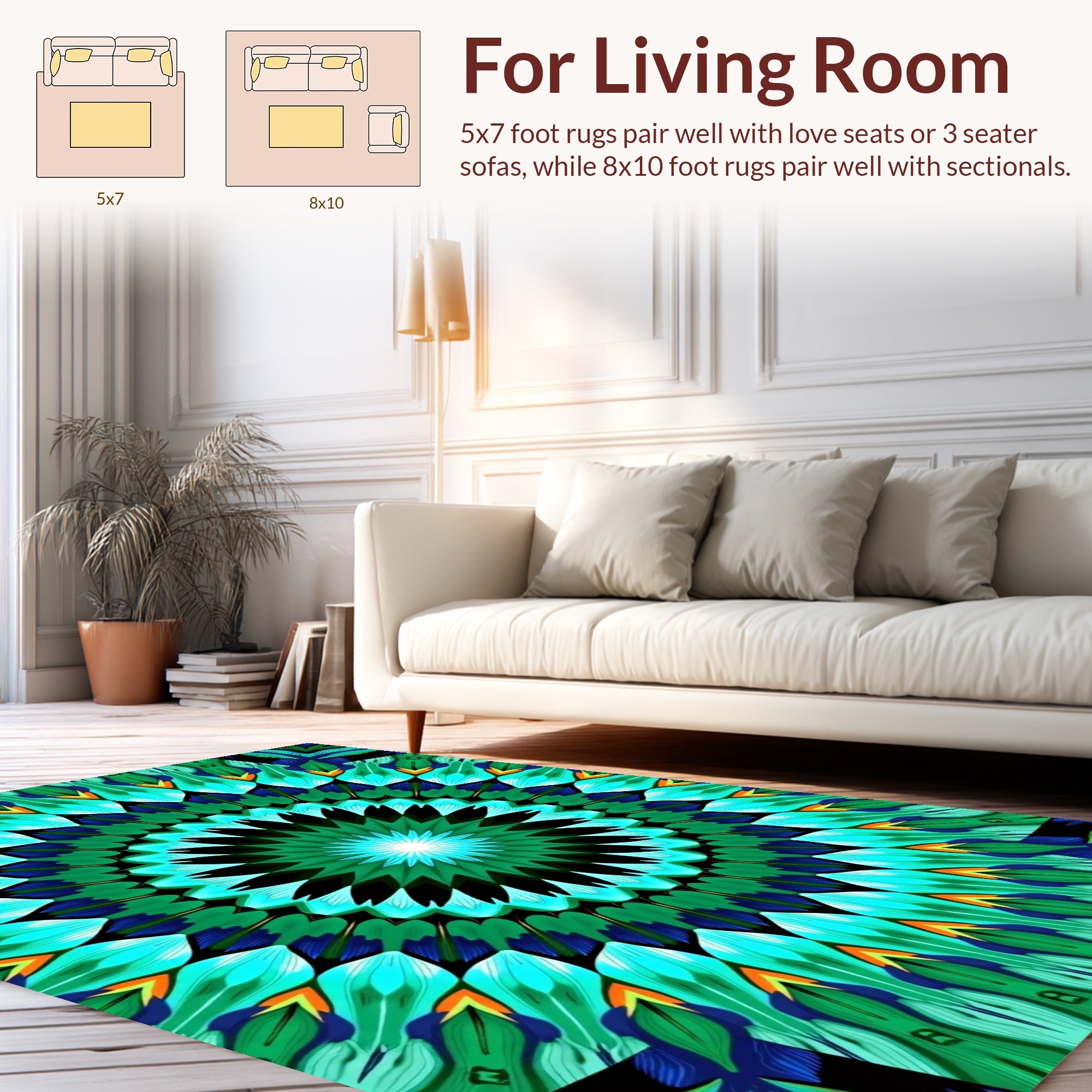 Intricate Green Blue Radiant Mandala Design Rug