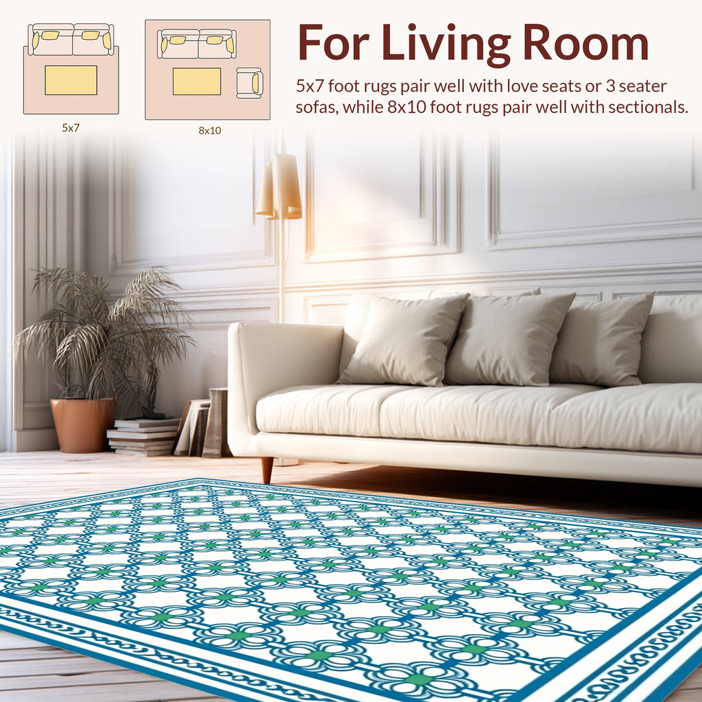 Classic Geometric Blue and Green Pattern Rug