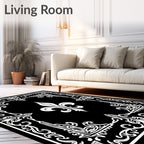 Ornate Fleur De Lis Black White Pattern Rug