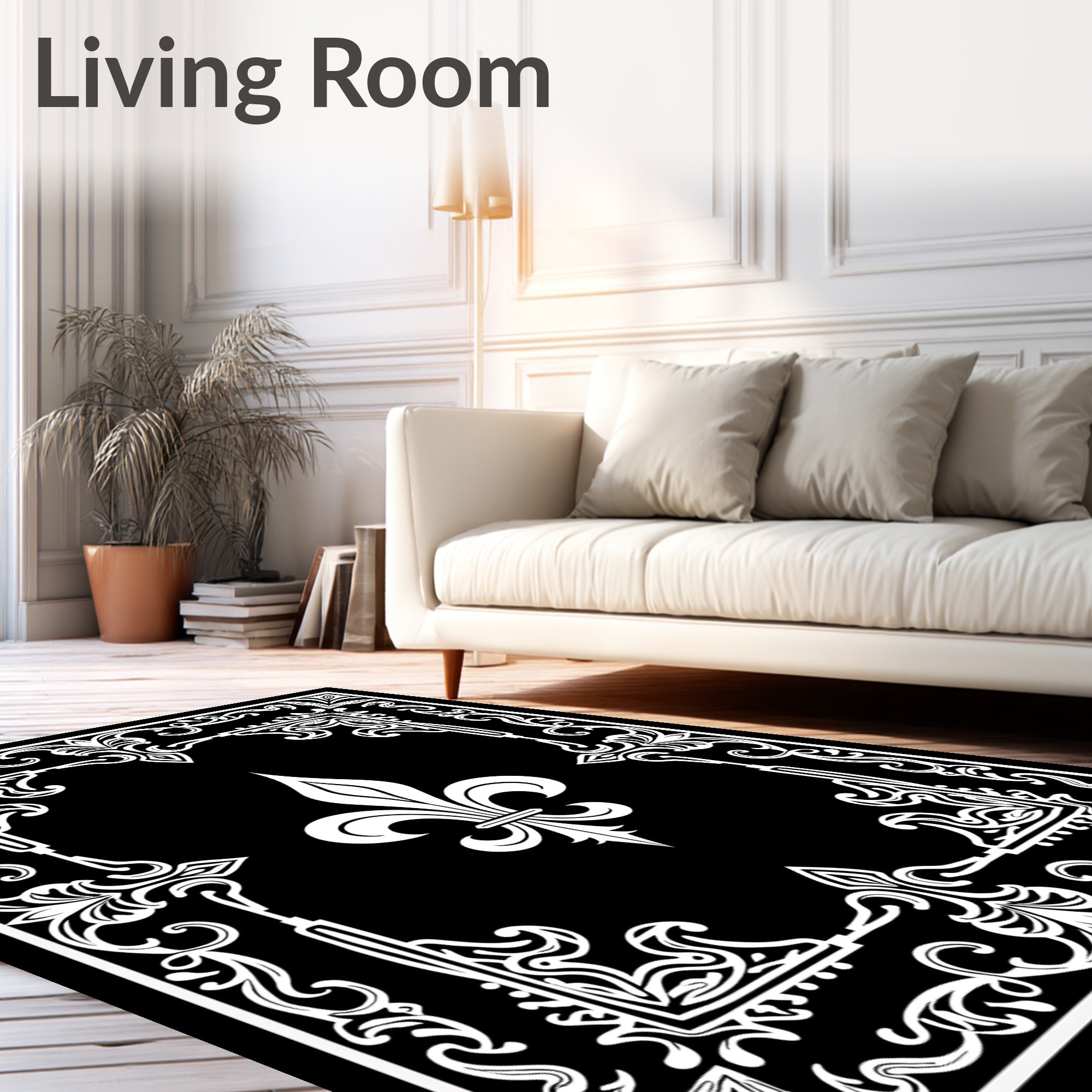 Ornate Fleur De Lis Black White Pattern Rug