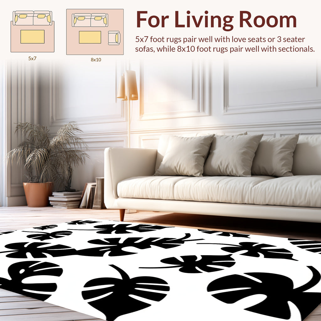 Monstera Leaf Black White Pattern Rug