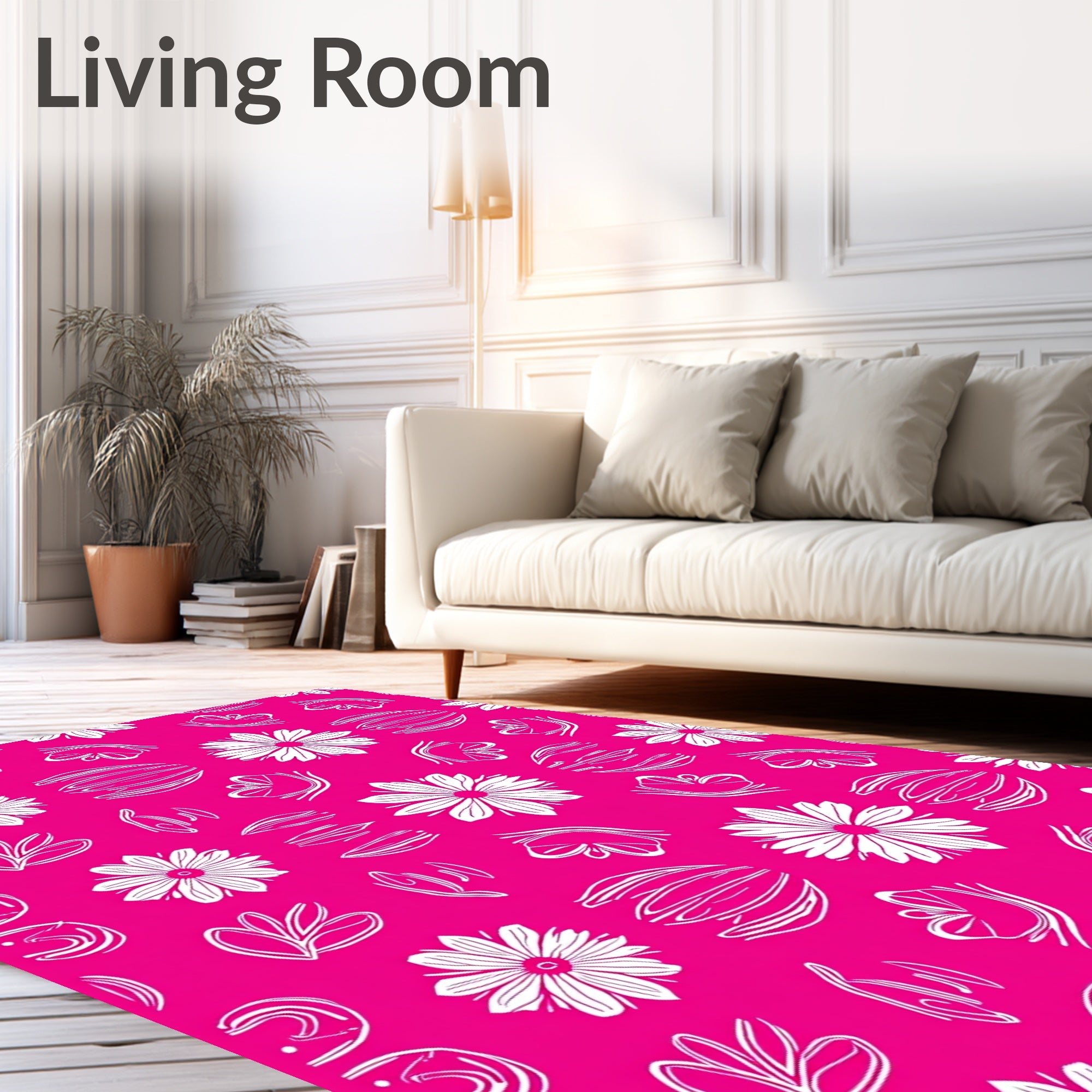 Whimsical White Floral Outline Pattern Rug