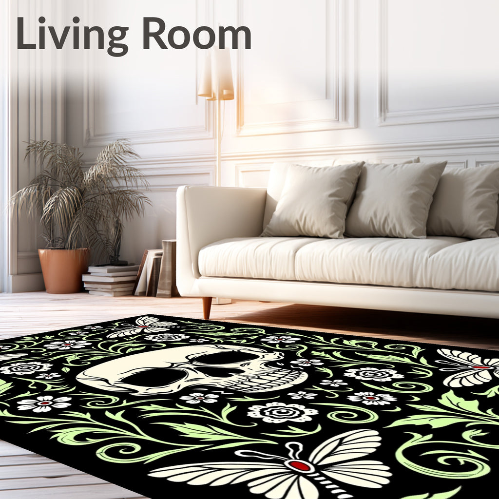 Skull and Butterflies Black Floral Rug