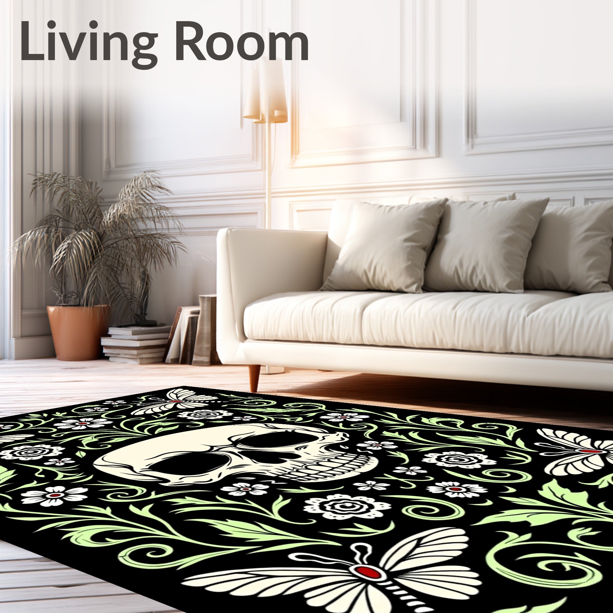 Skull and Butterflies Black Floral Rug
