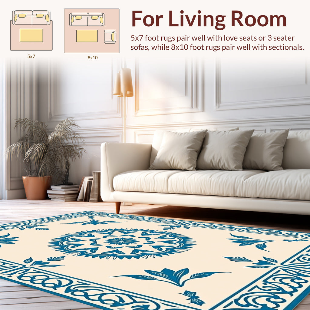 Classic Blue Floral Mandala Pattern Rug