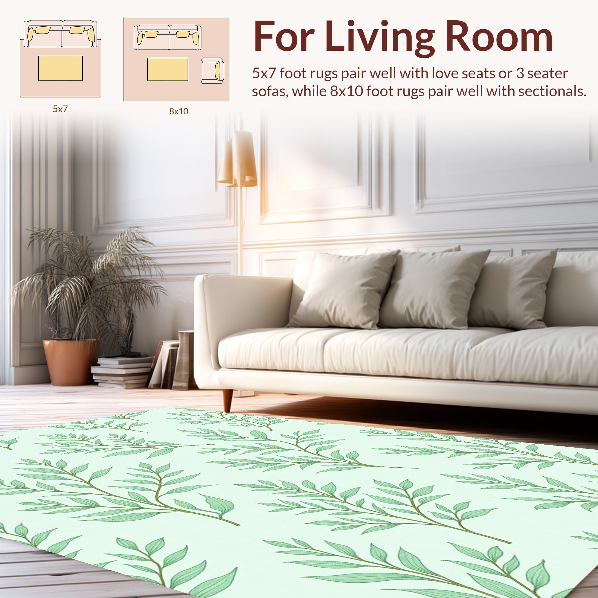 Nature Inspired Green Leaf Pattern Rug