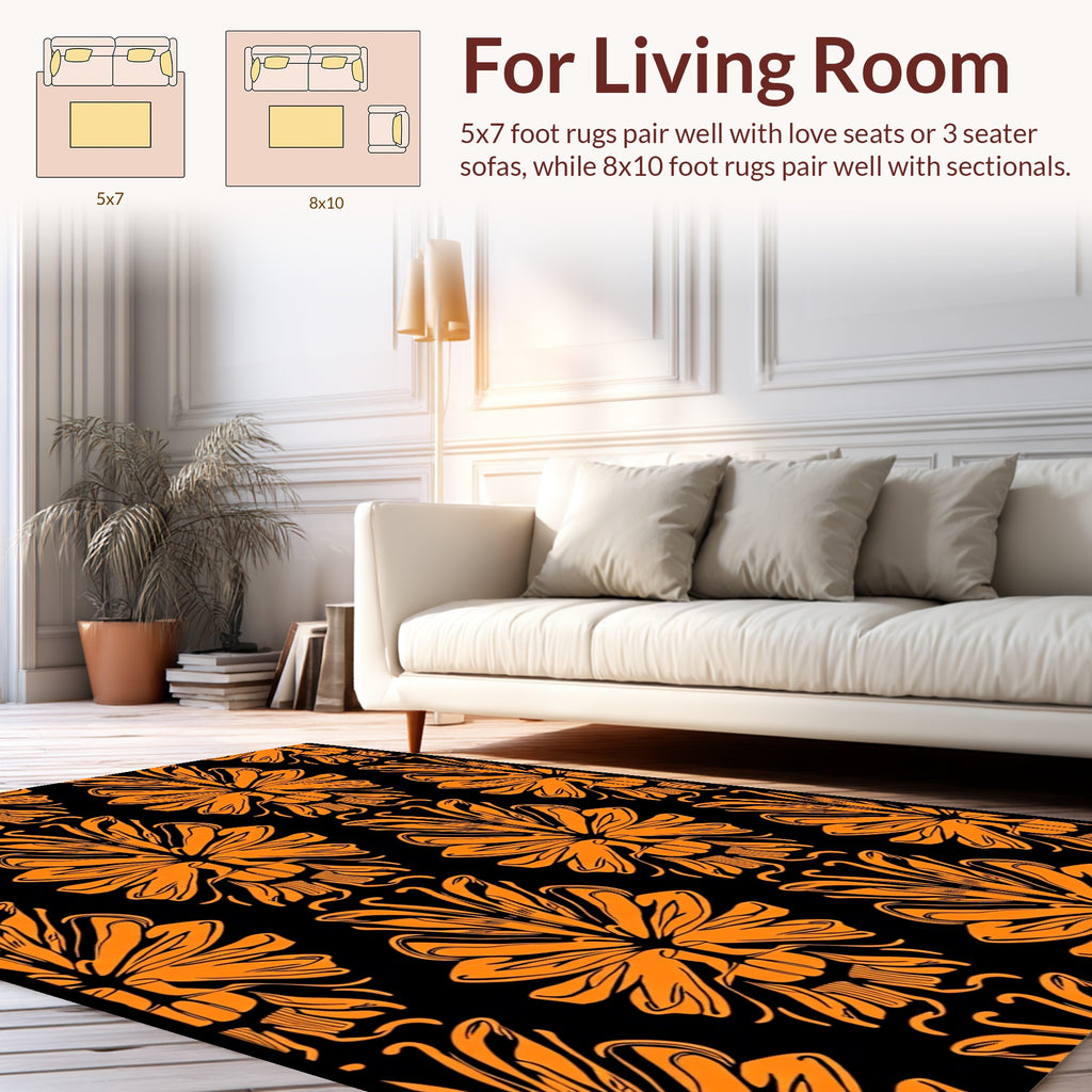 Bold Orange Floral Pattern Rug