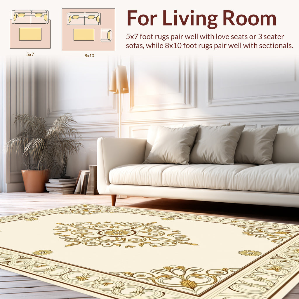 Cream Gold Ornate Floral Scroll Design Rug