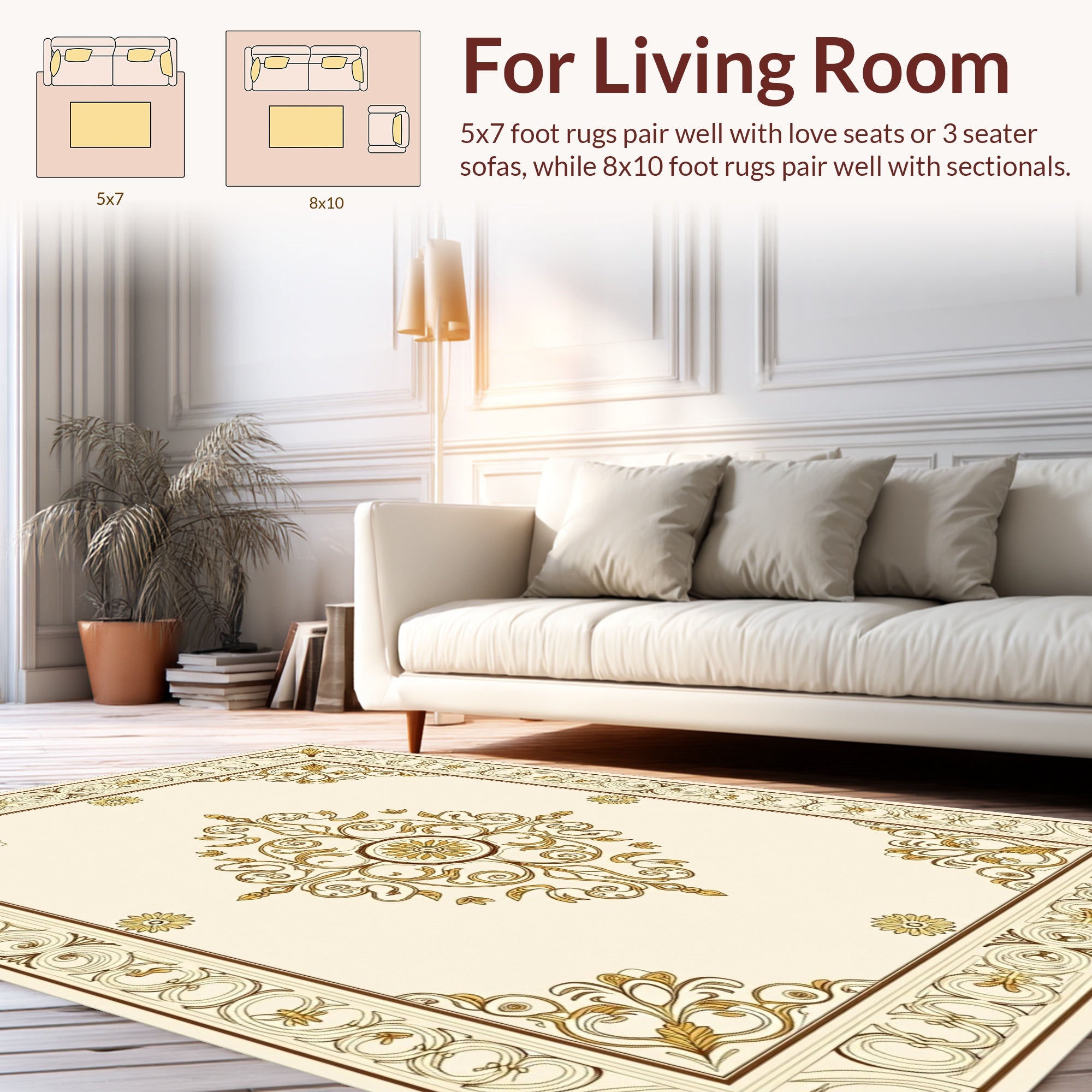 Cream Gold Ornate Floral Scroll Design Rug
