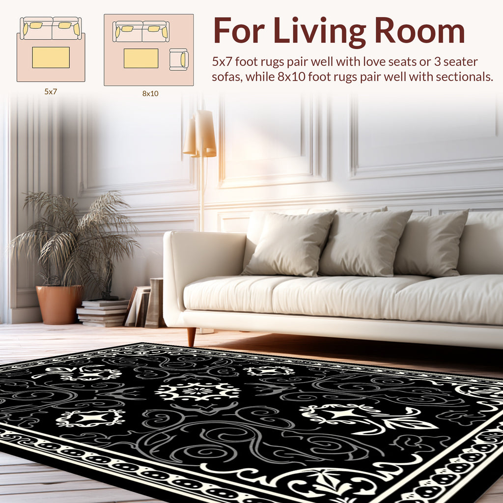 Elegant Black White Floral Swirl Rug