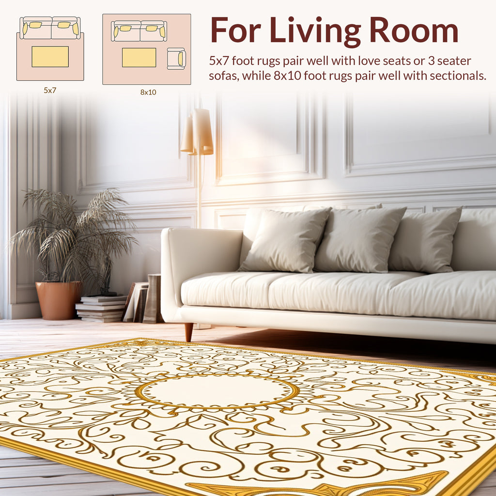 Golden Ornate Swirl Floral Design Rug