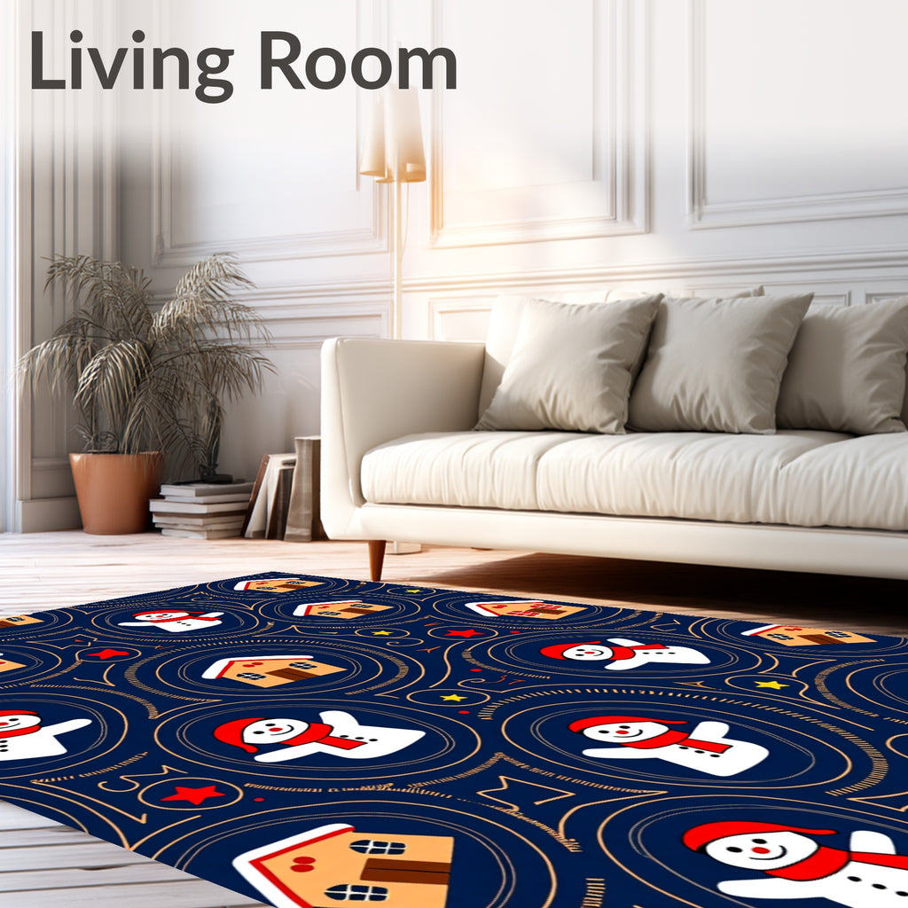 Whimsical Snowman Houses Navy Rug