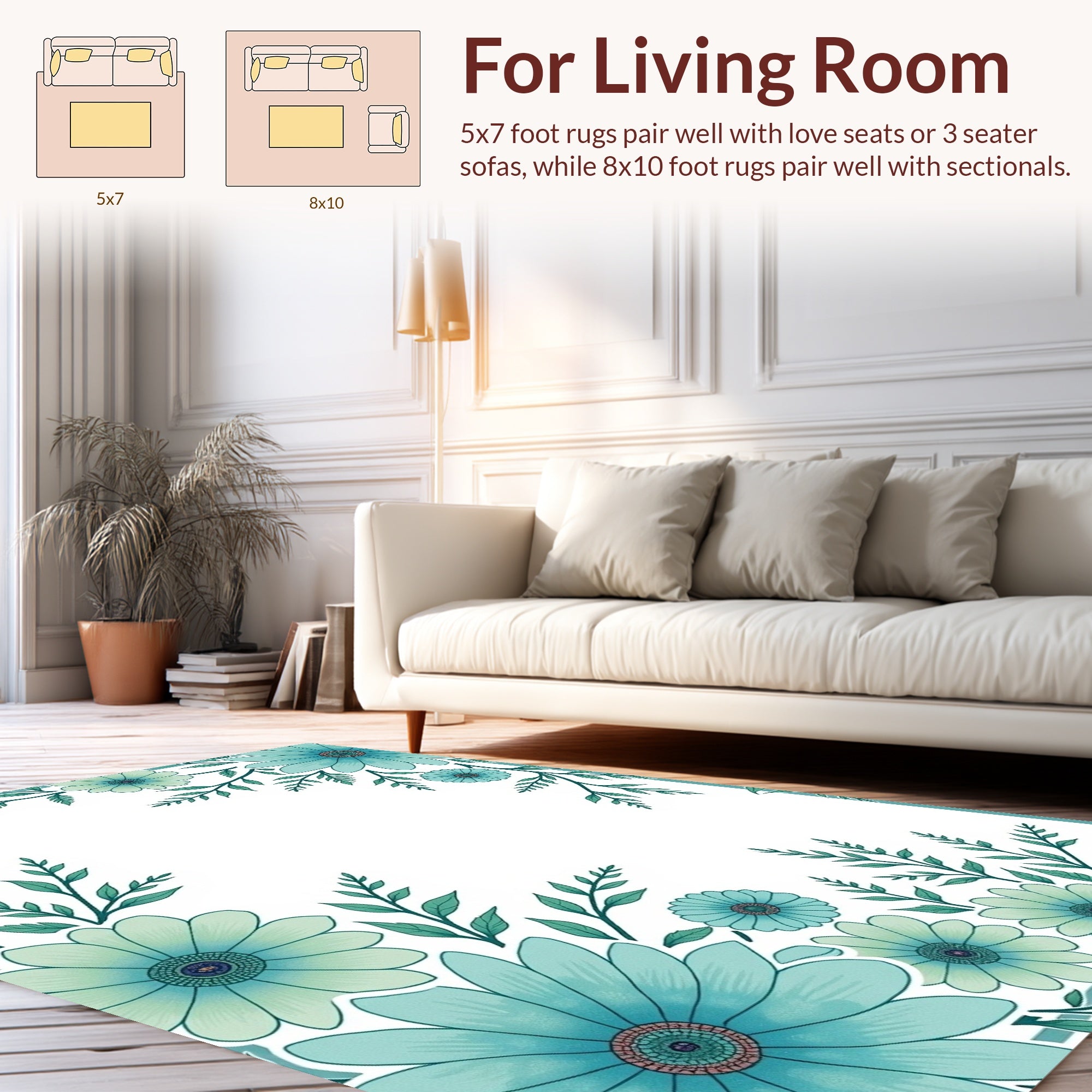 Teal Floral Border With Greenery Rug