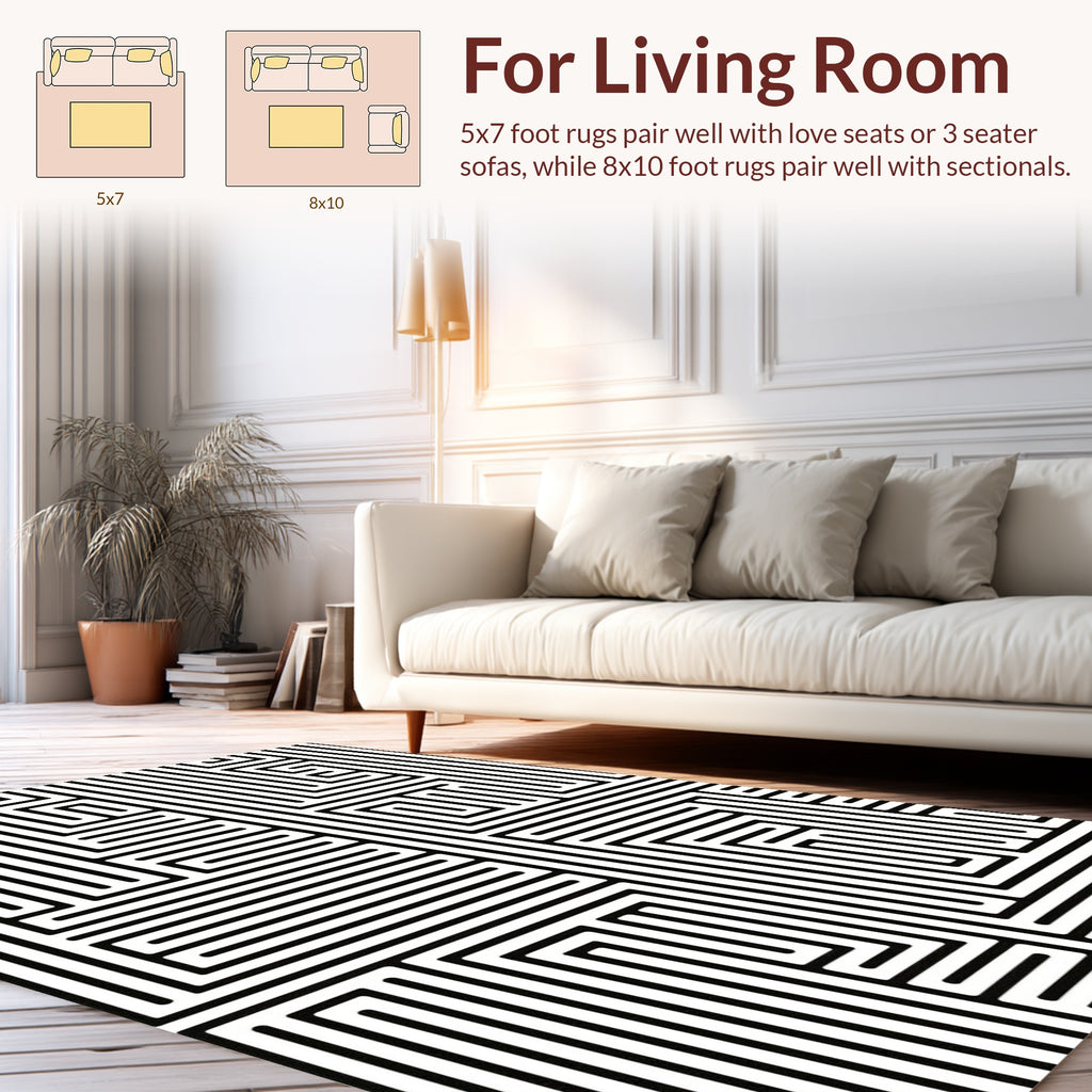 Black White Maze Geometric Pattern Rug