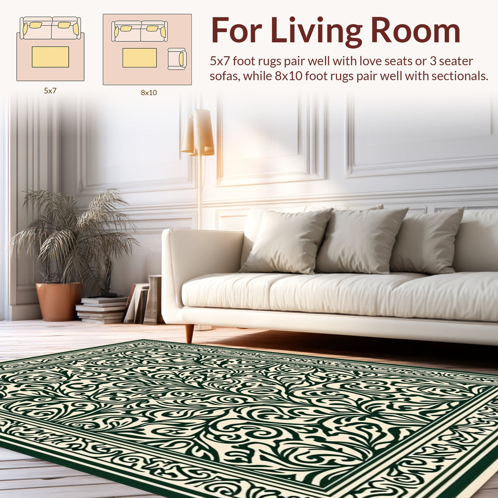 Dark Green Scrolling Floral Vine Pattern Rug