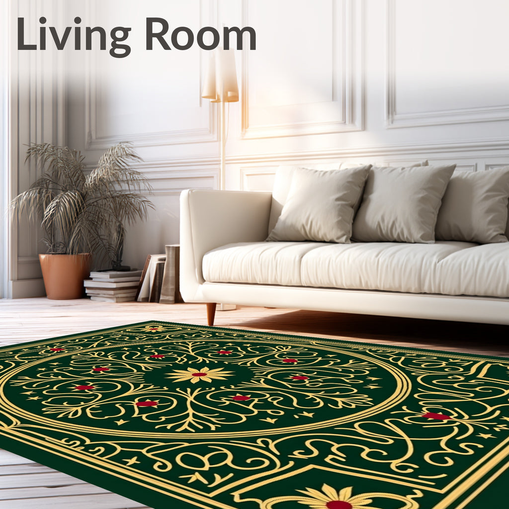 Emerald Green Gold Floral Medallion Rug