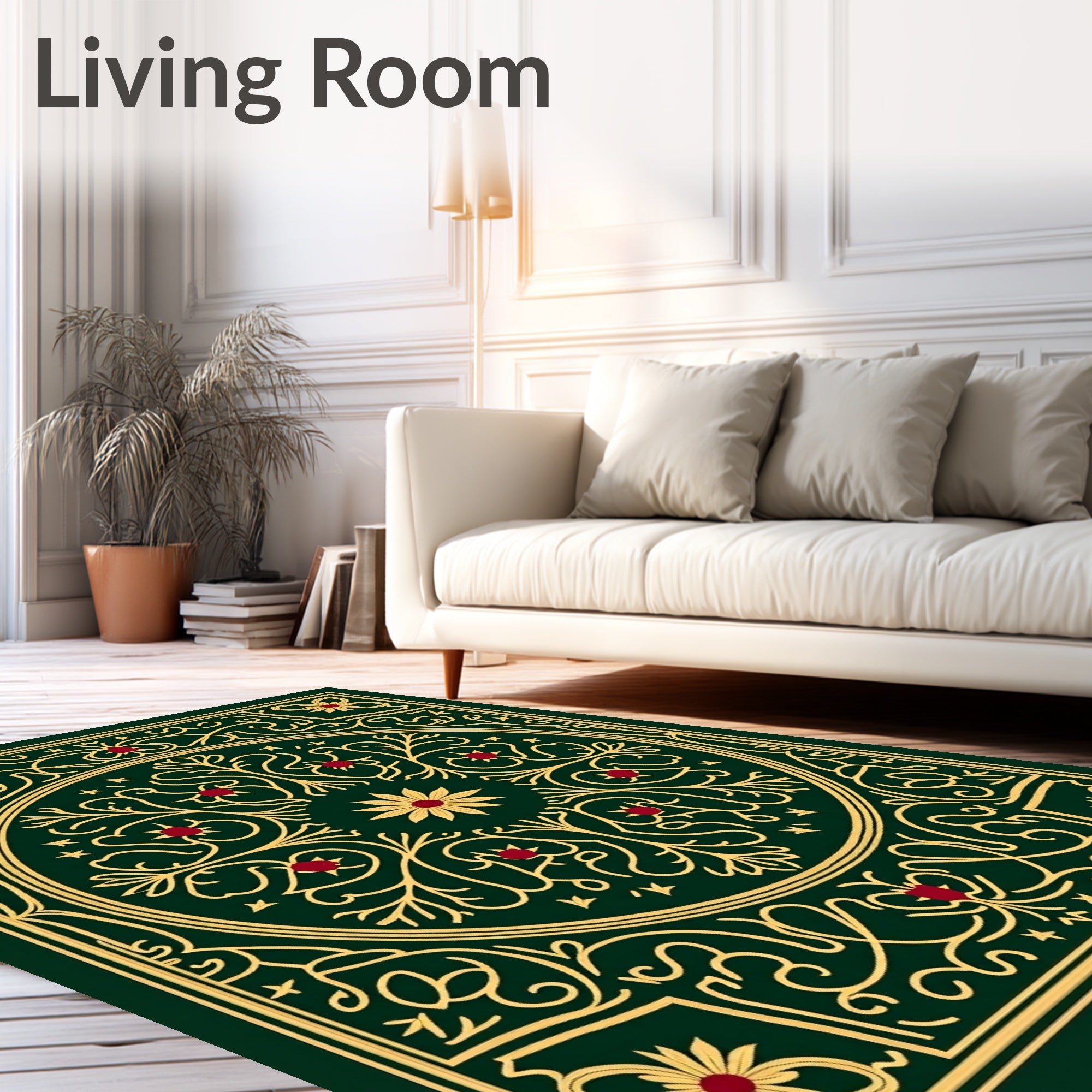 Emerald Green Gold Floral Medallion Rug