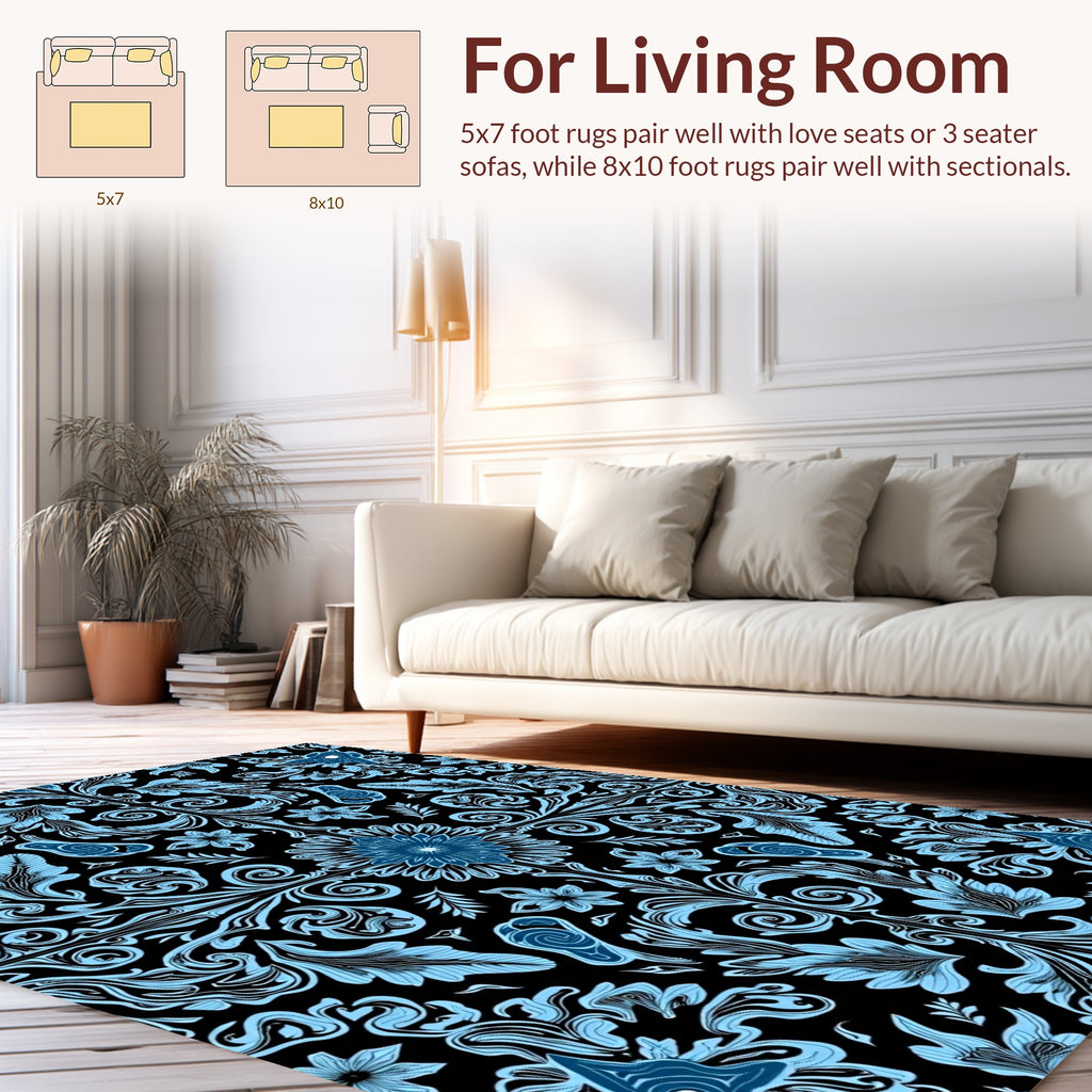 Ornate Blue Floral Scroll Pattern Rug