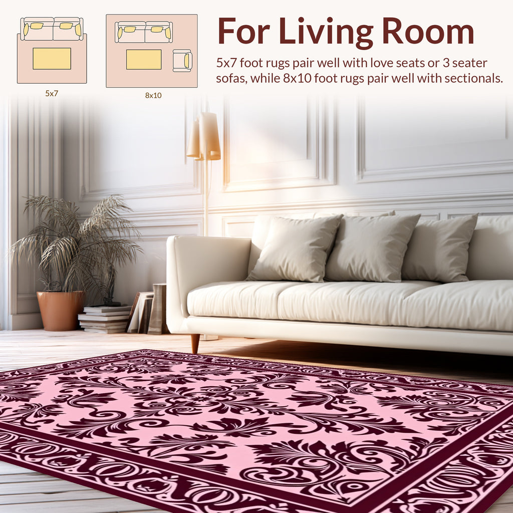 Dark Burgundy Floral Damask Pattern Rug