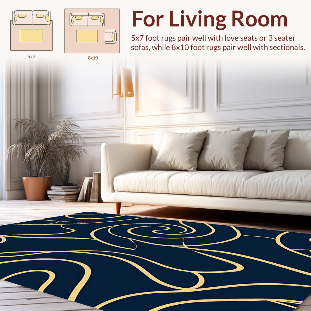 Gold Swirls on Deep Blue Canvas Rug