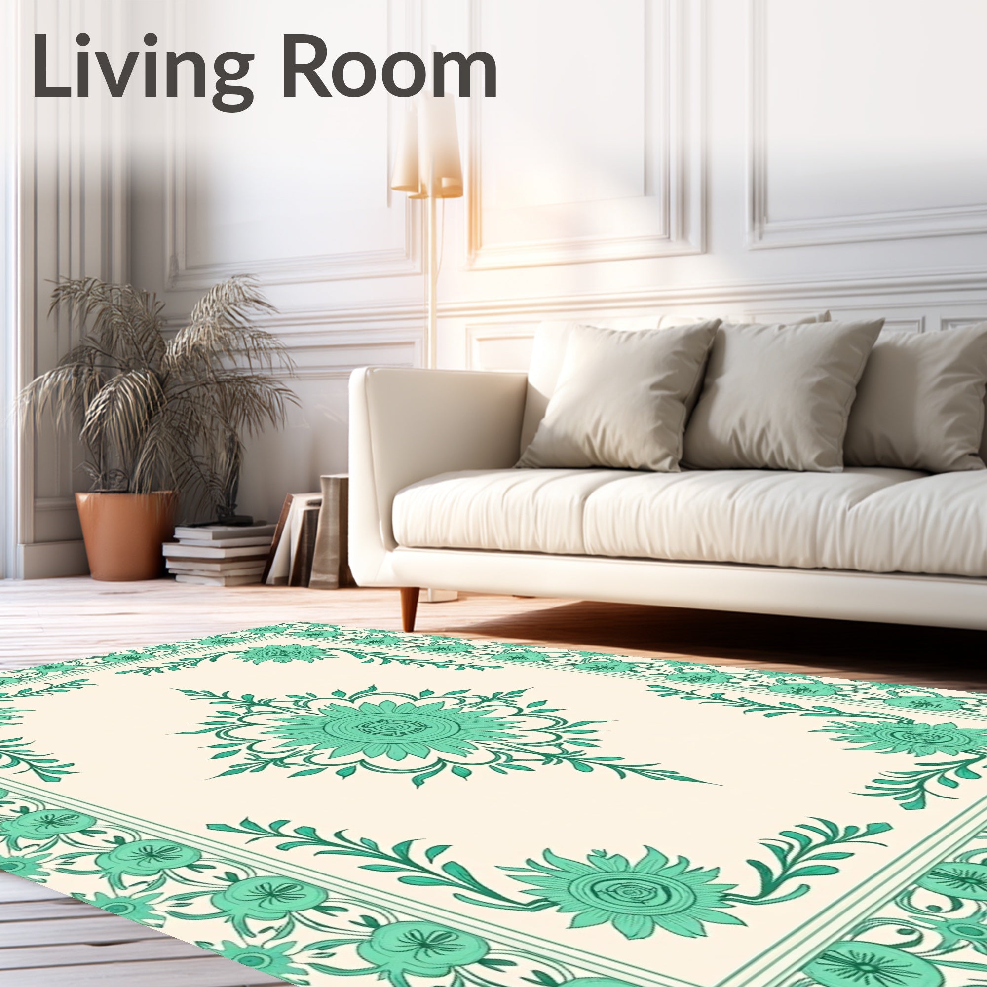 Teal Floral Mandala Border Design Rug