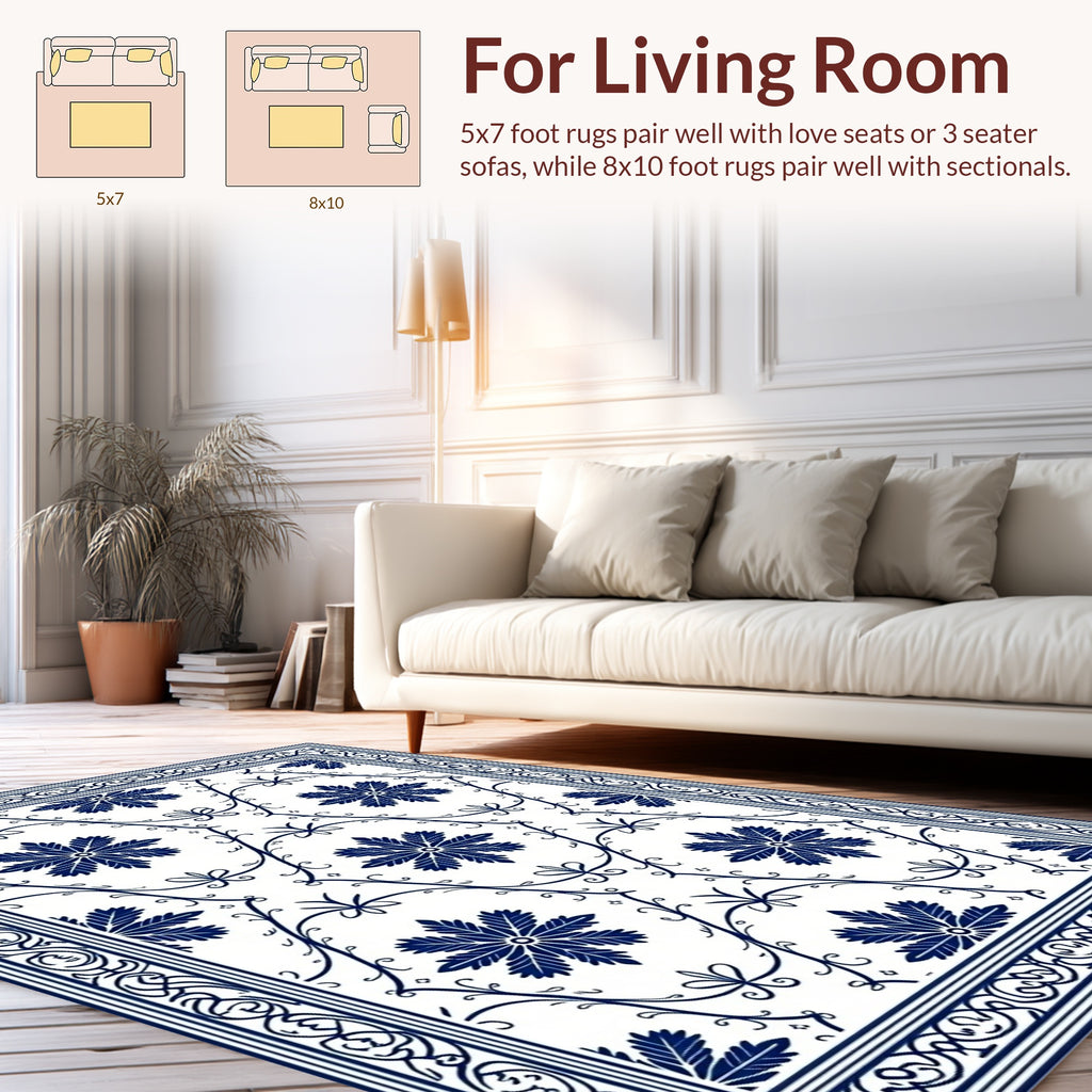 Classic Blue Floral Vine Pattern Rug