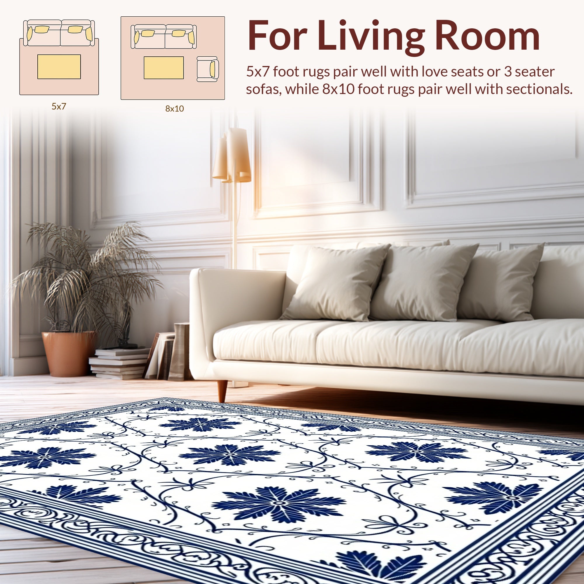Classic Blue Floral Vine Pattern Rug