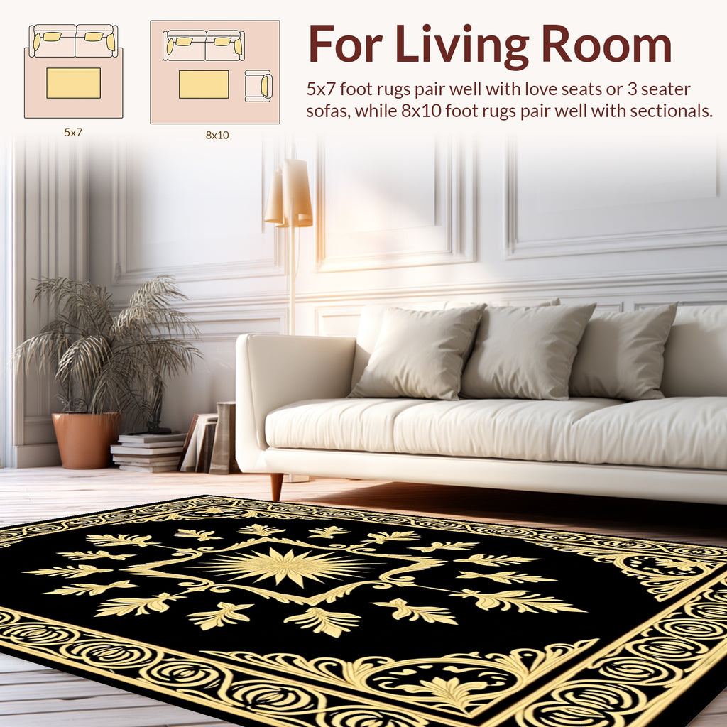 Elegant Gold Floral Inlay Pattern Rug