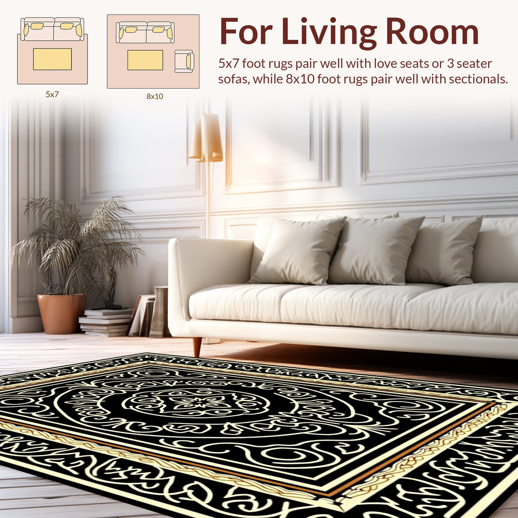 Elegant Black Gold Floral Scroll Rug