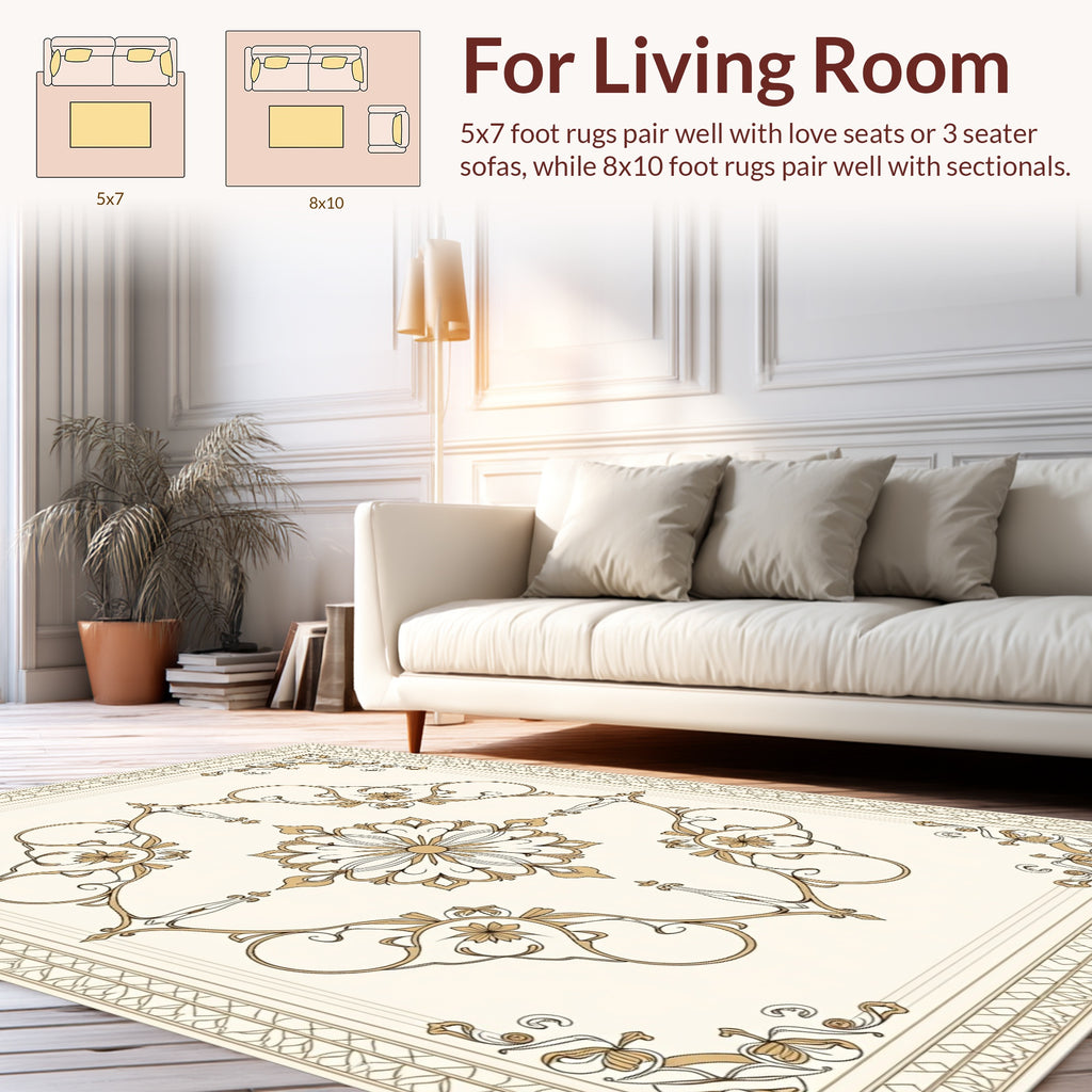 Elegant Golden Floral Scroll Pattern Rug