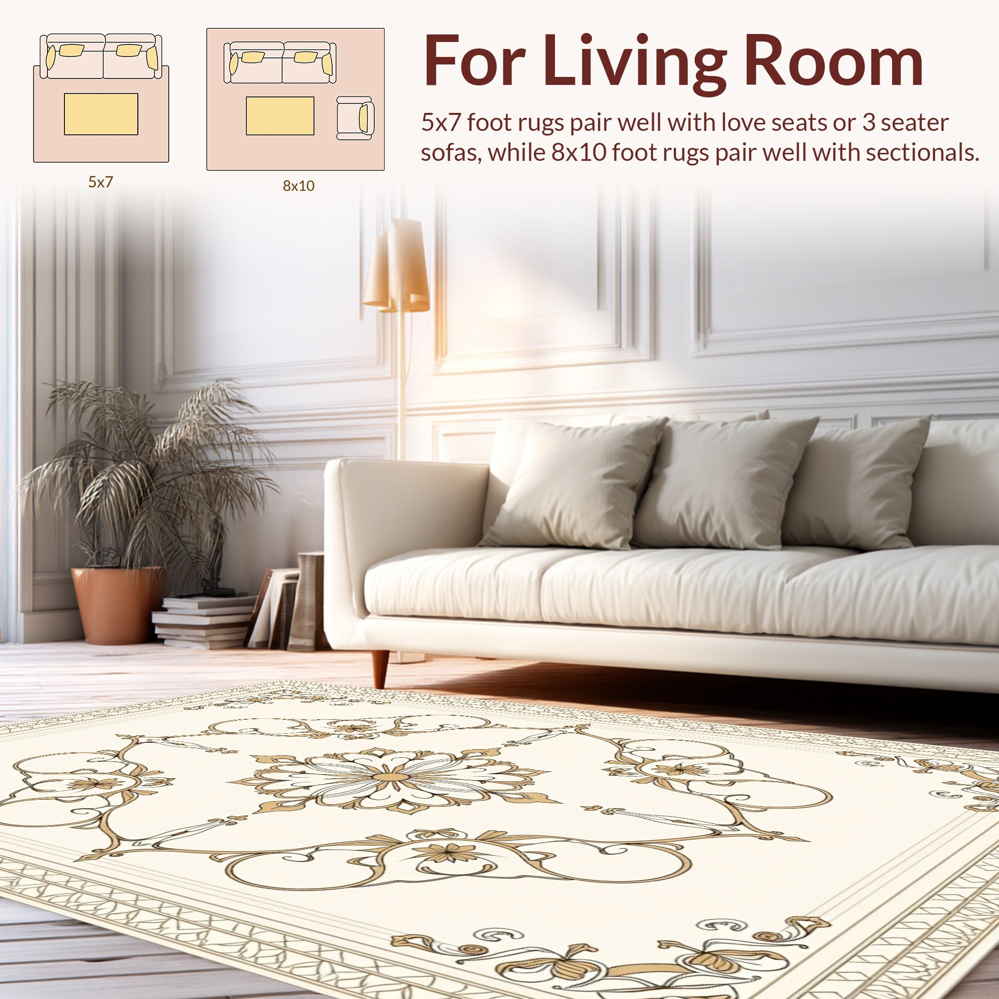 Elegant Golden Floral Scroll Pattern Rug
