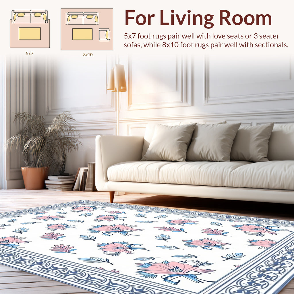 Pink Blue Floral Decorative Border Rug