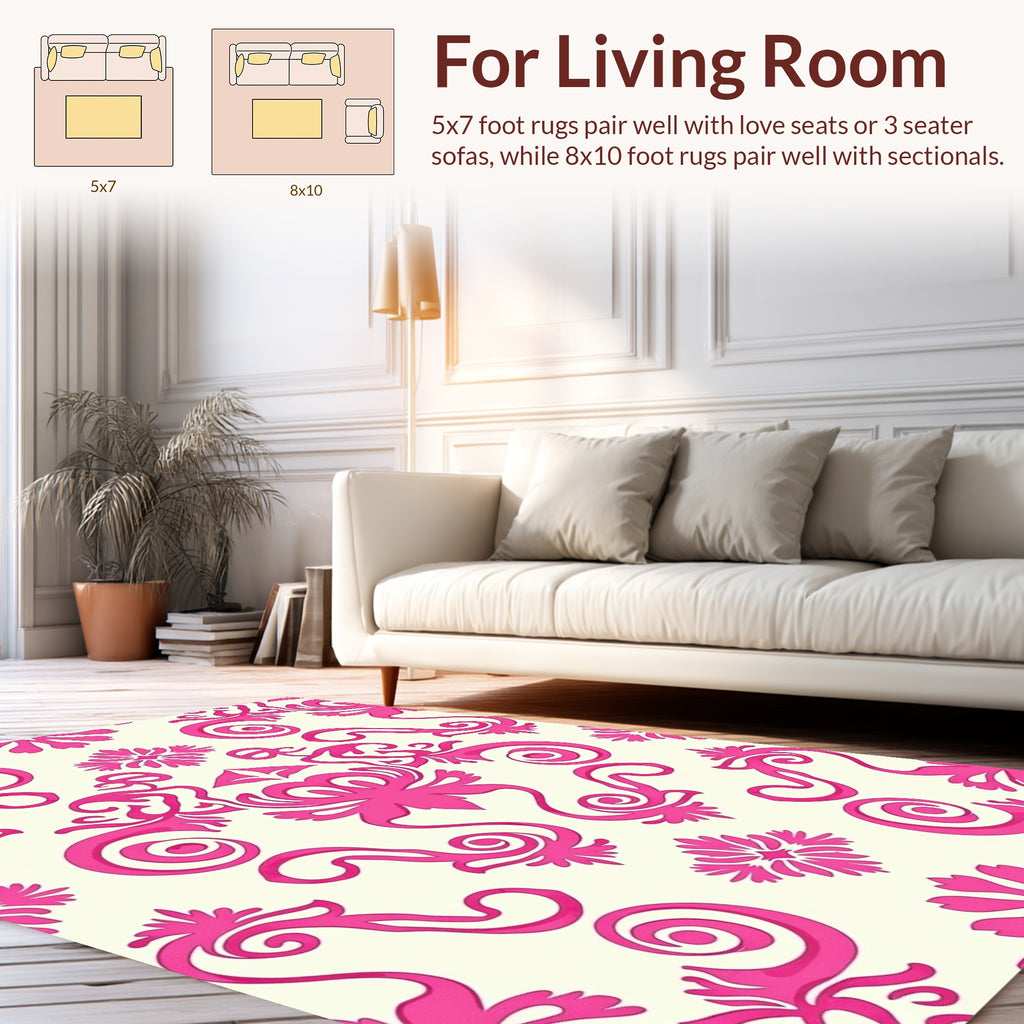 Bright Pink Floral Scroll Pattern Rug