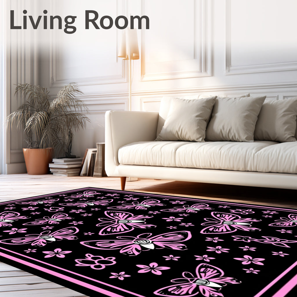 Pink Butterfly Garden Black Rug